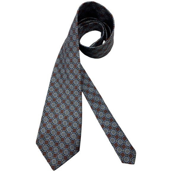 HICKEY FREEMAN Blue/Brown Geometric Silk LUXURY Tie HANDMADE USA - Picture 1 of 5